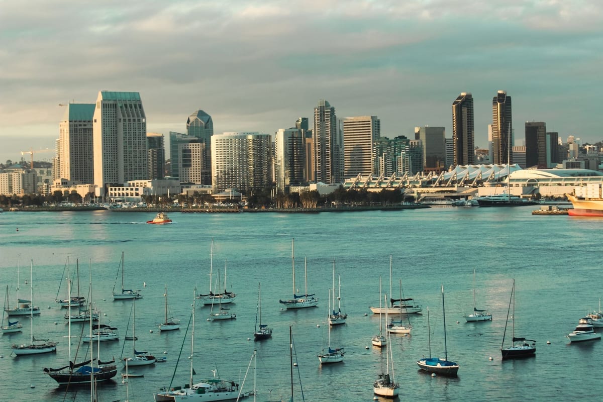 A skyline across a harbor full of moored sailboats