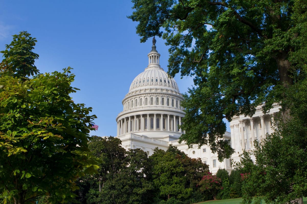 A white domed building framed by leafy trees under a blue sky