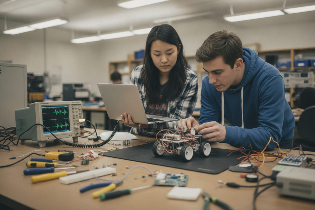 Two students test a small wheeled robot on a lab bench, one holding a laptop, an oscilloscope beside them