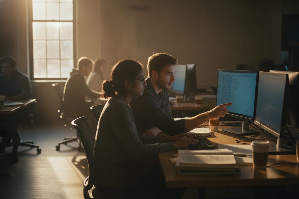 Two students sit at a desk with two monitors, one pointing at the screen, other students working behind them