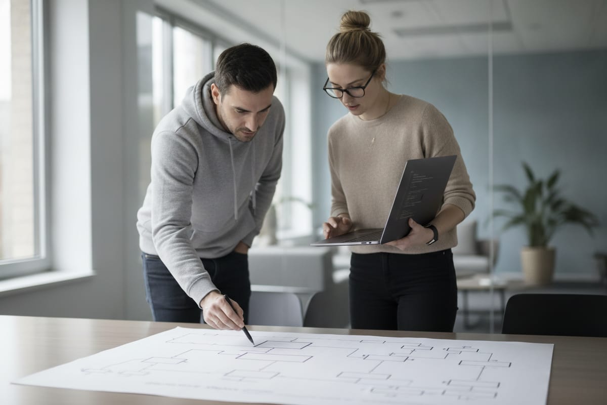 Two programmers at a meeting table review a printed program flowchart, one tracing a branch with a pen while the other holds an open laptop