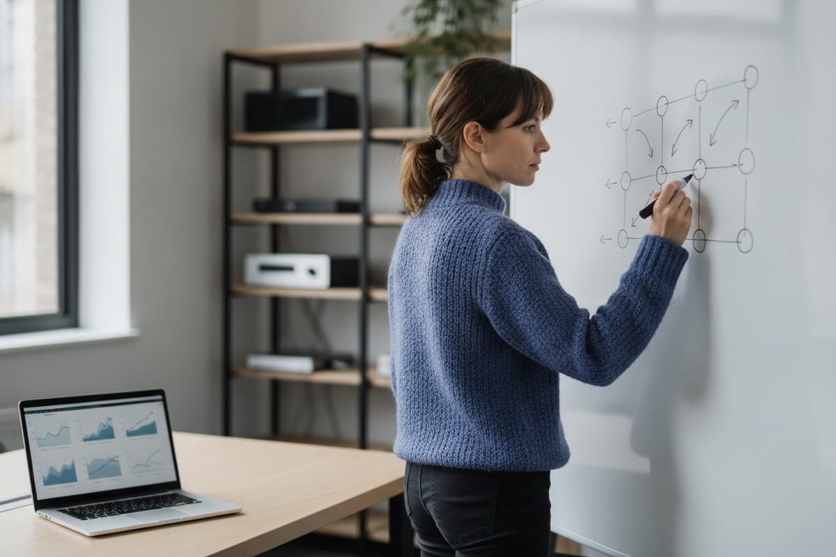A computer research scientist sketches an algorithm on a whiteboard beside a laptop showing experiment results