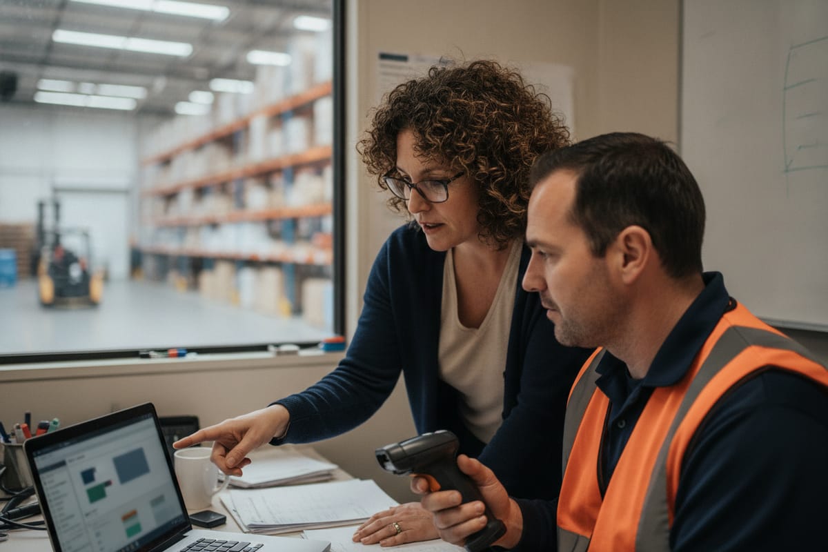 A systems analyst points at a dashboard on a laptop while a warehouse supervisor in a safety vest, holding a barcode scanner, follows along
