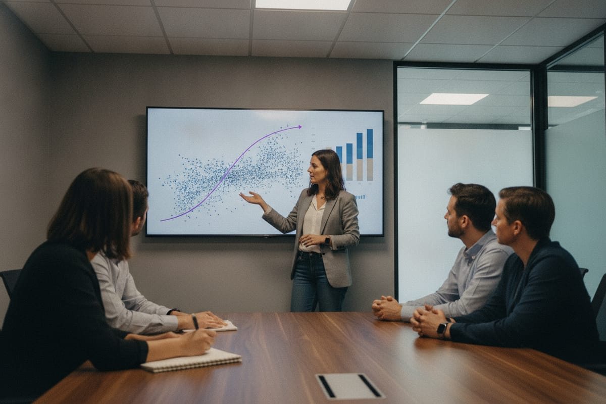 A data scientist presents a scatter plot with a fitted curve and a bar chart on a wall screen to four colleagues around a conference table