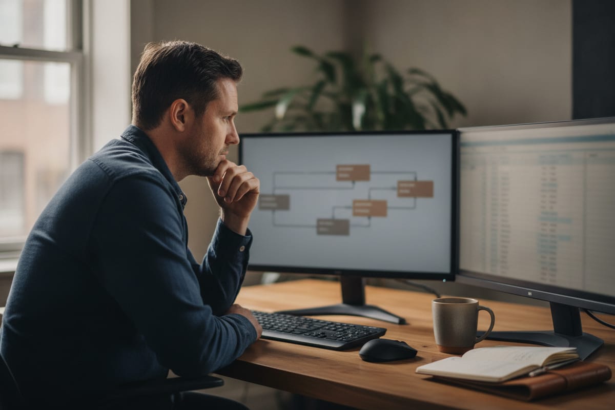A database administrator studies a diagram of connected tables on one monitor and rows of data on another