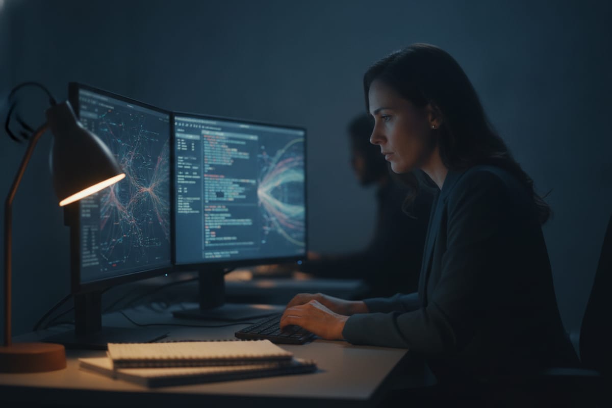 A security analyst studies network activity on two monitors in a dim operations room