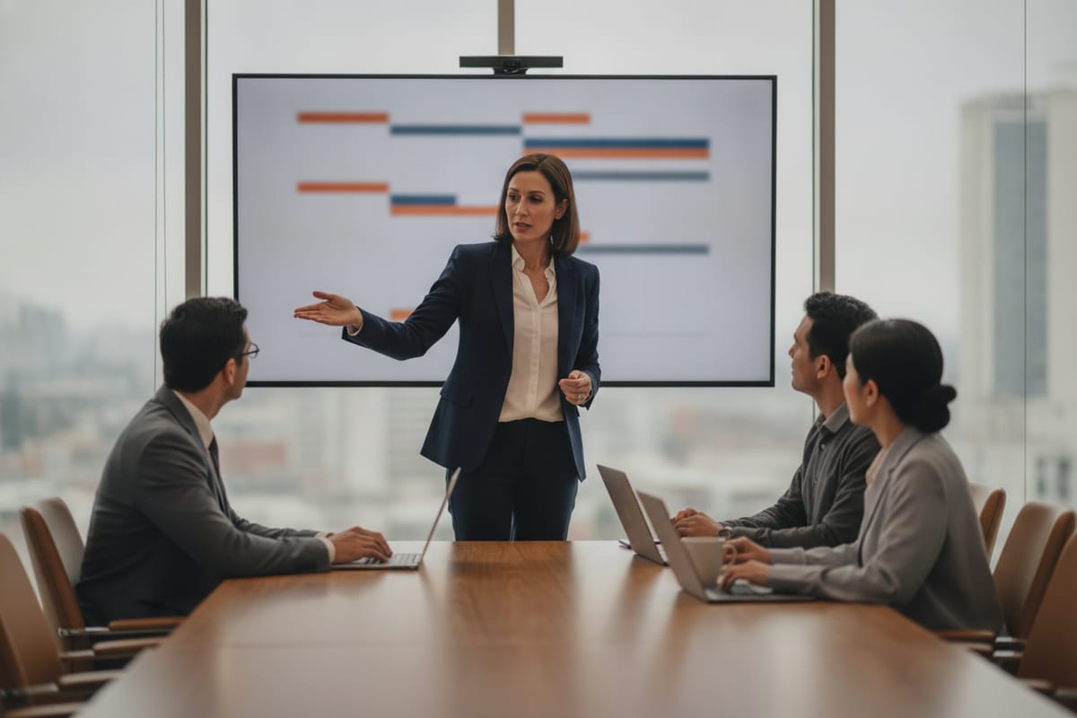 An IT manager leads a planning meeting beside a screen showing a project timeline