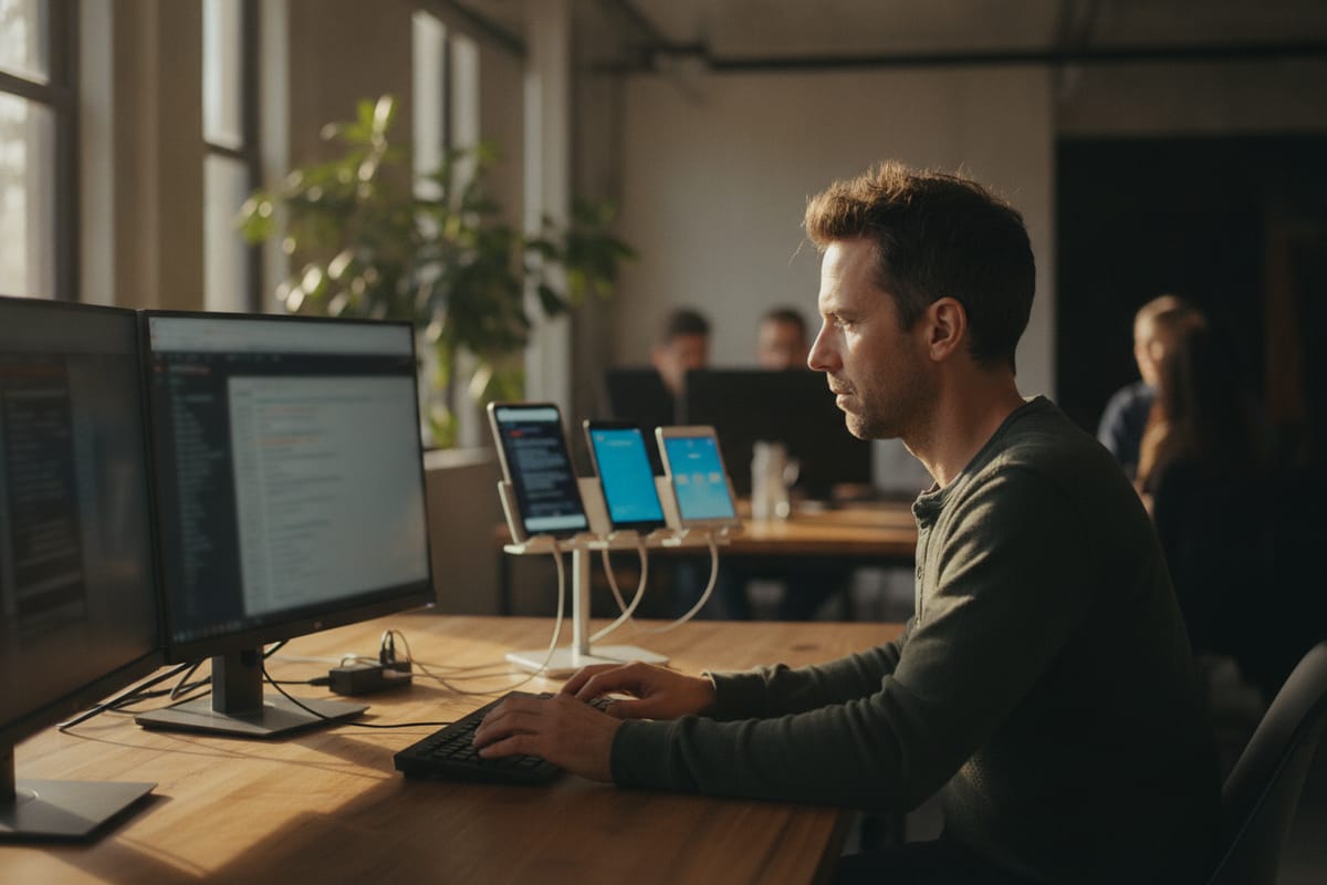 A QA engineer types at a keyboard while watching three test phones on a stand beside his two monitors