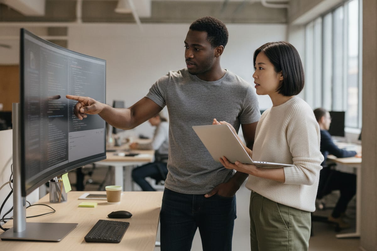 Two software engineers at a standing desk talk through code on a large monitor, one pointing at the screen