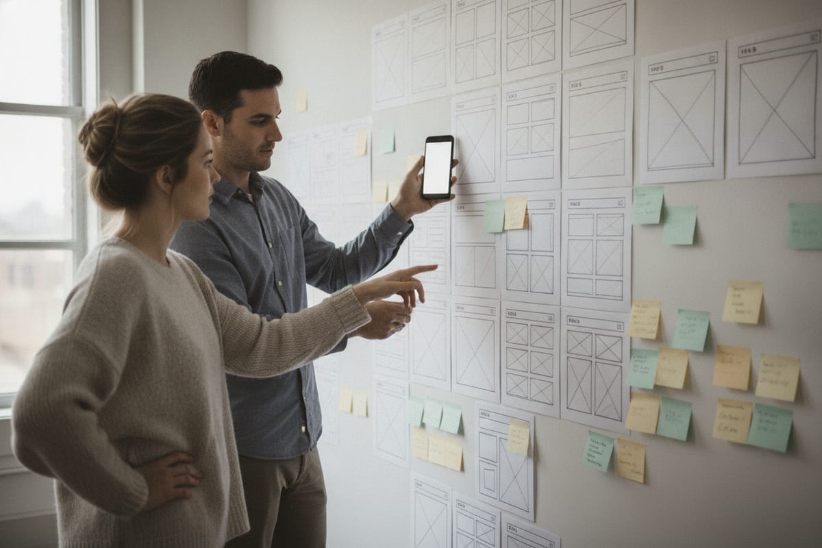 A web developer holds a phone up against a wall of paper page wireframes while a designer points to one of the layouts