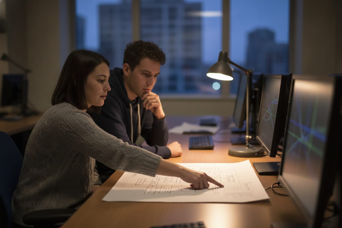 Two graduate students at a desk in an evening computer lab, one pointing at a printed diagram of boxes and arrows while the other studies it, monitors and a desk lamp beside them