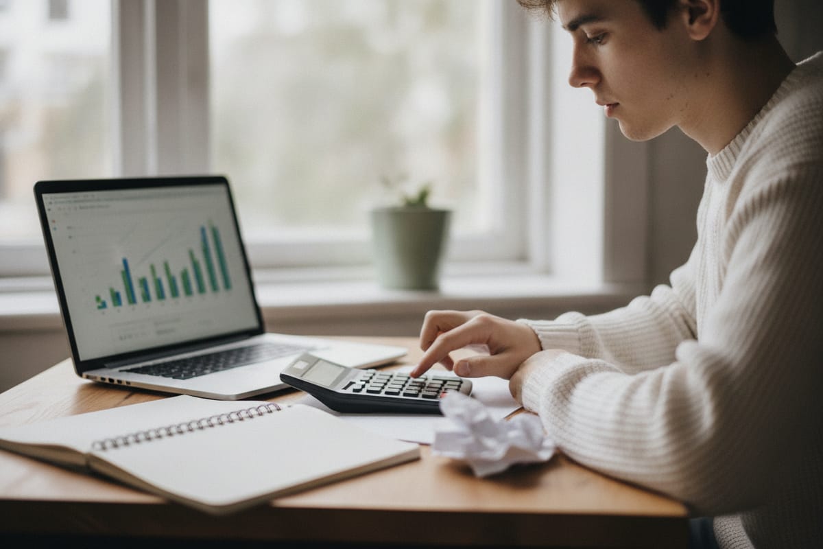 A student compares costs at a desk by a window, a calculator beside a laptop showing a bar chart