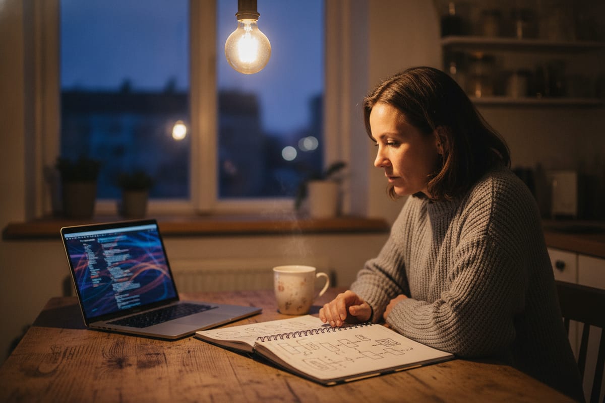 An adult student studies computer science at a kitchen table in the evening, a laptop open beside a notebook of diagrams
