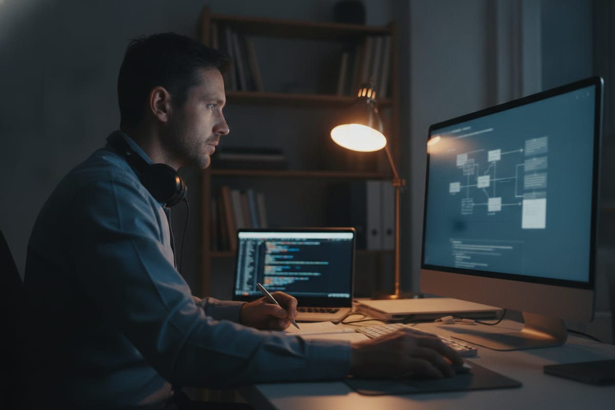 A working professional studies for an online master’s at a home office desk at night, a lecture diagram on a large monitor and code on a laptop