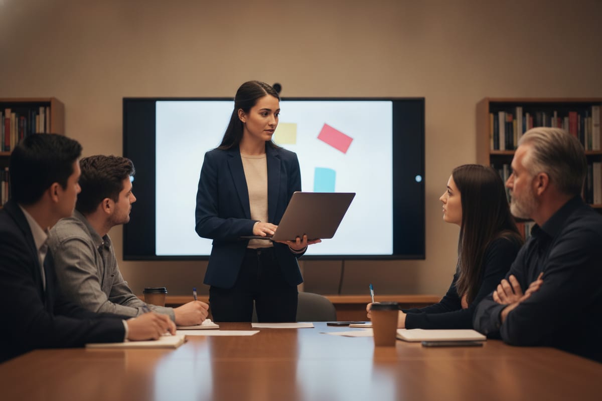 A woman holding a laptop presents to four people seated at a seminar table, a large screen behind her