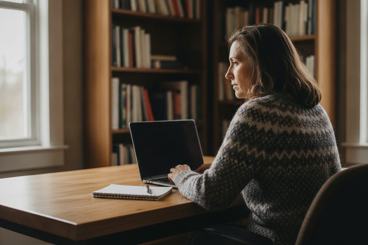 A woman in a patterned sweater types on a laptop at a wooden desk, a notebook beside her and bookshelves behind