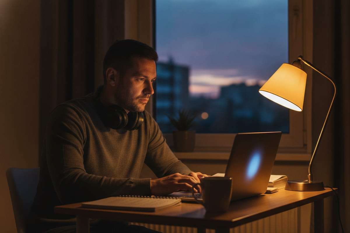 A man works on a laptop at a small desk in the evening, headphones around his neck, a lamp lit beside him