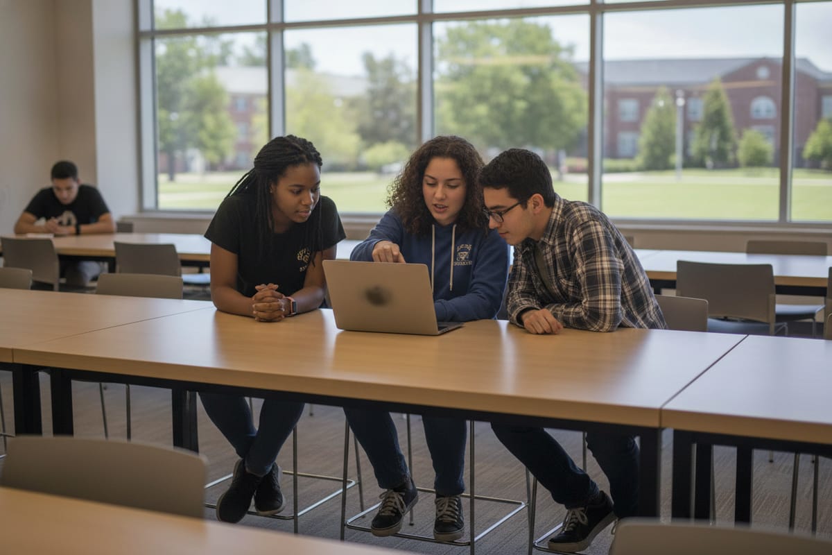 Three students lean over one laptop at a long table, with a lawn and brick buildings through the windows behind them