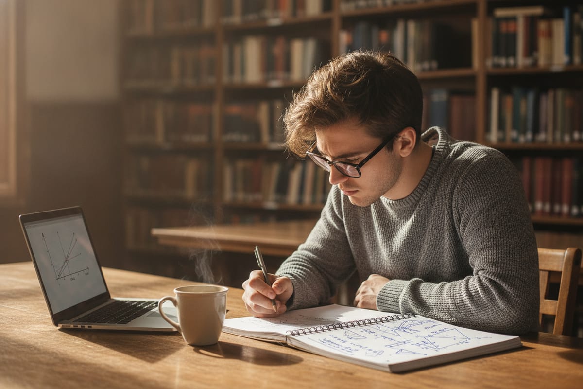 A student in glasses works through handwritten math in a spiral notebook beside a laptop showing a graph and a cup of coffee in a library