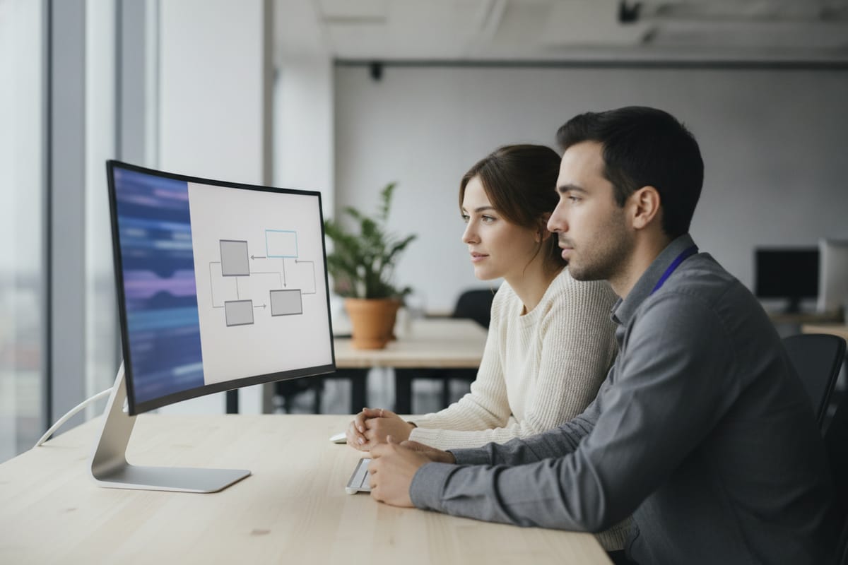 Two software professionals review code and a system diagram together on a shared monitor