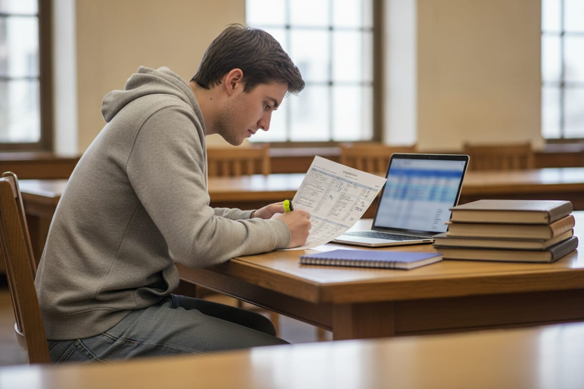 A student reviews a printed degree plan and course list at a library table beside a laptop