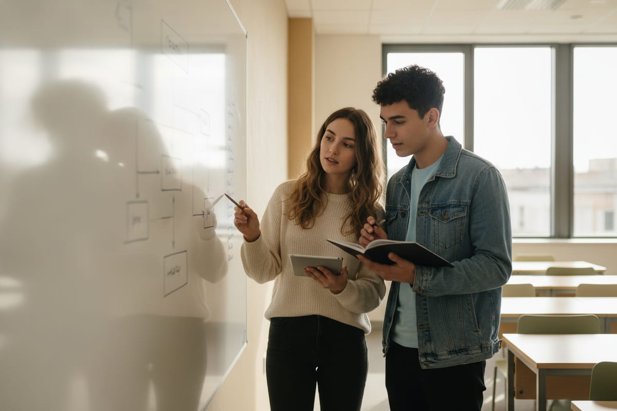 Two students at a whiteboard with a hand-drawn flowchart in a bright classroom; one points to it holding a tablet while the other follows in a notebook