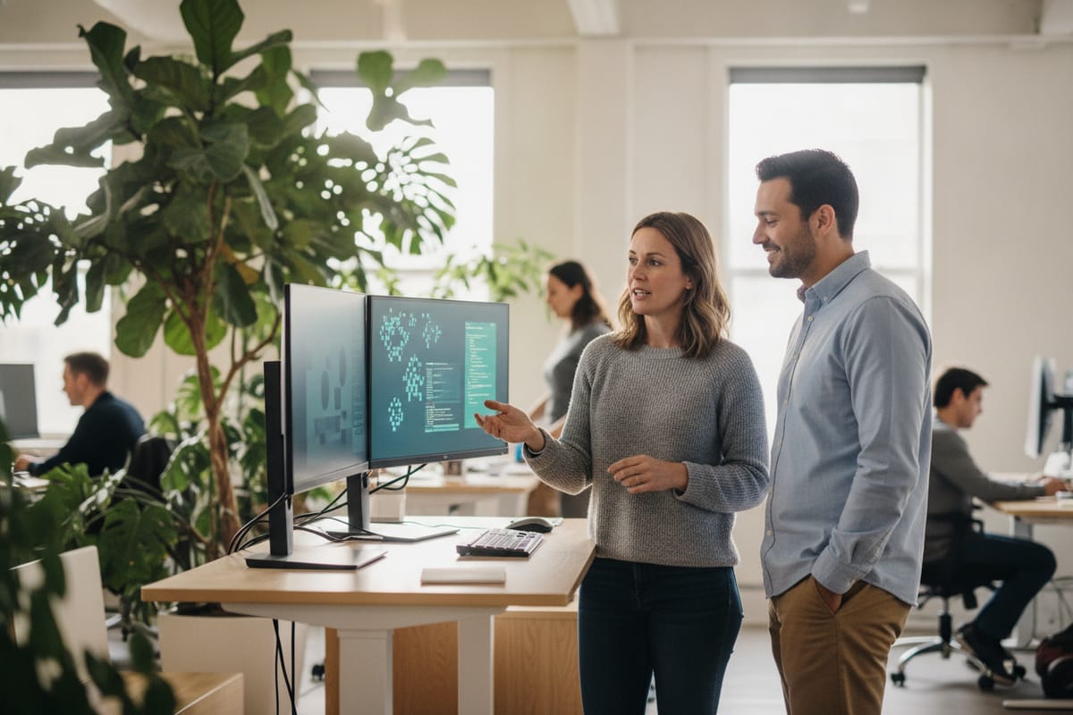 Two colleagues at a standing desk talk through a design on two monitors in a bright open office with large plants