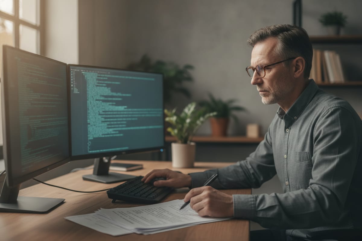 A programmer in glasses reads code on two monitors, one hand on the keyboard and the other marking up a printed listing with a pen
