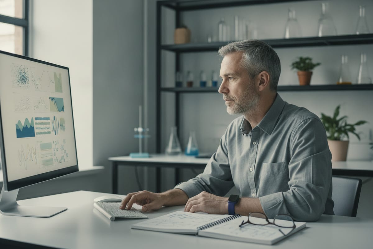 A research scientist reviews charts of experiment results on a large monitor in a quiet lab office