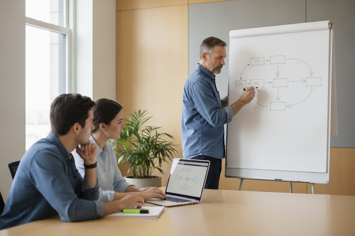 A systems analyst draws a workflow diagram on a flip chart while two colleagues at a table follow along on a laptop