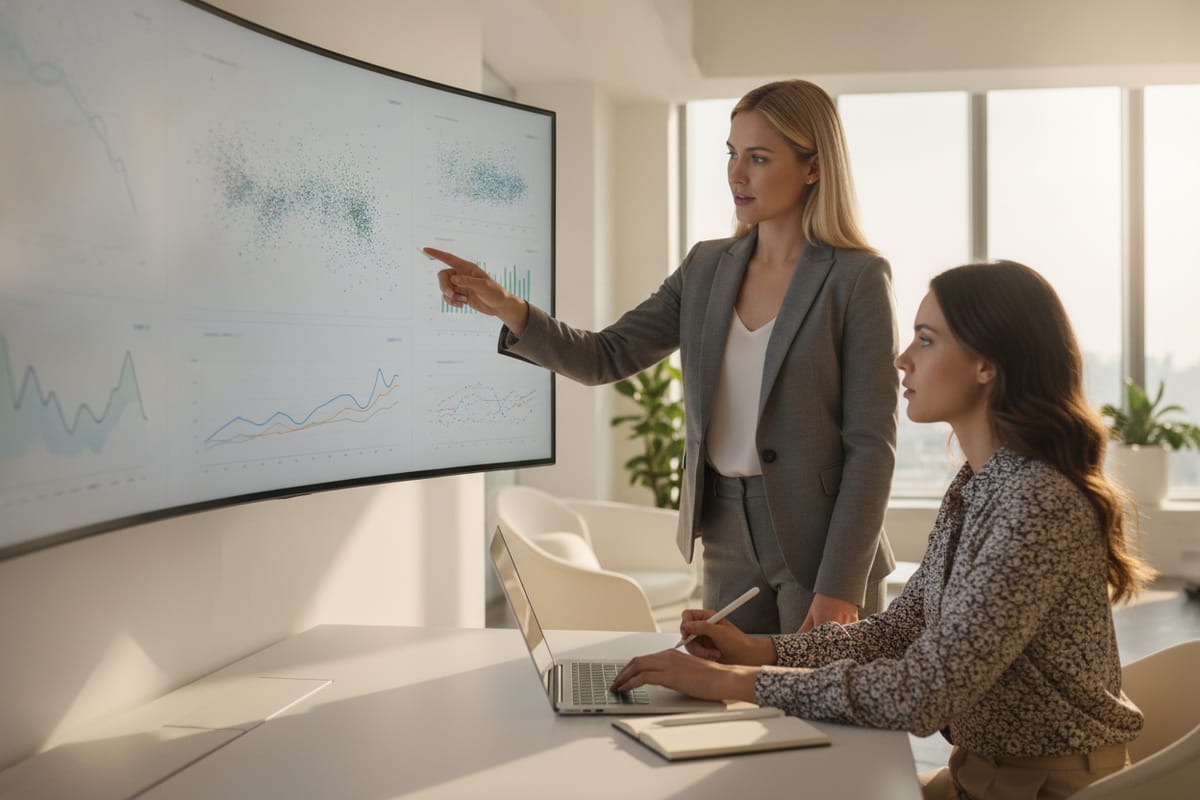 A data scientist points to scatter plots and line charts on a wall-mounted screen while a colleague at a laptop takes notes