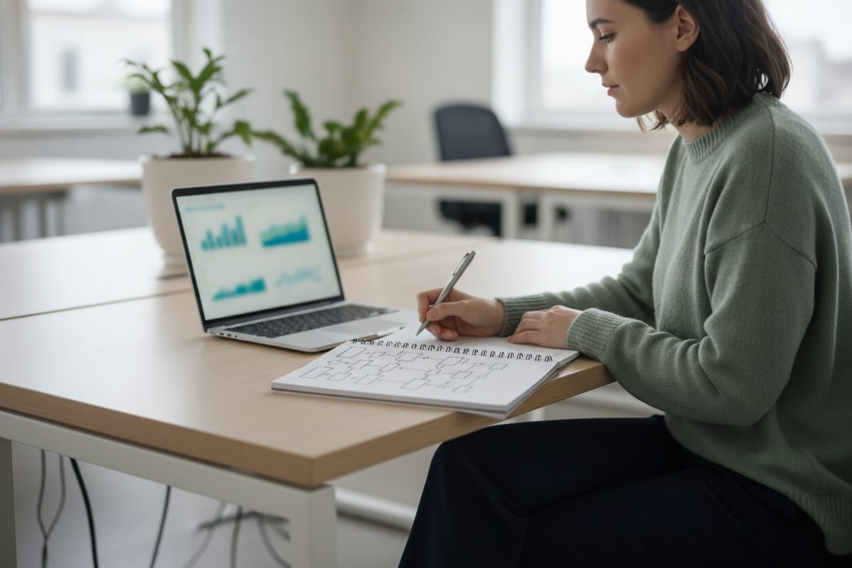A database administrator sketches a schema in a notebook beside a laptop showing performance charts