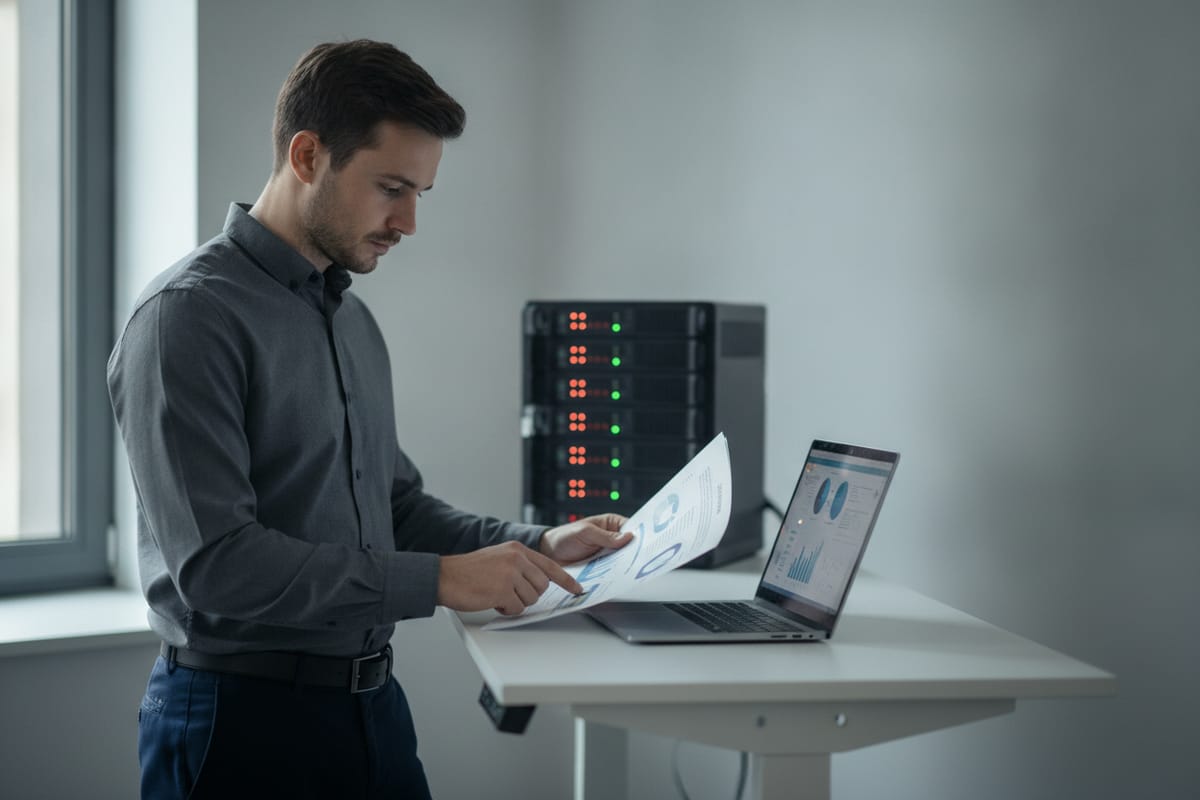 A security analyst reviews a printed risk report beside a laptop and a small server rack
