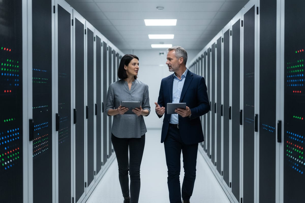 An IT director and an engineer talk while walking down a data center aisle holding tablets