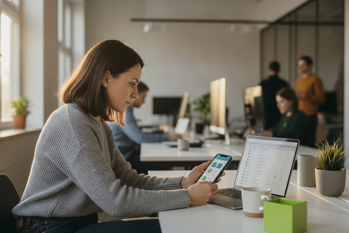 A QA engineer at a desk compares a mobile app on a phone with test results on a laptop screen