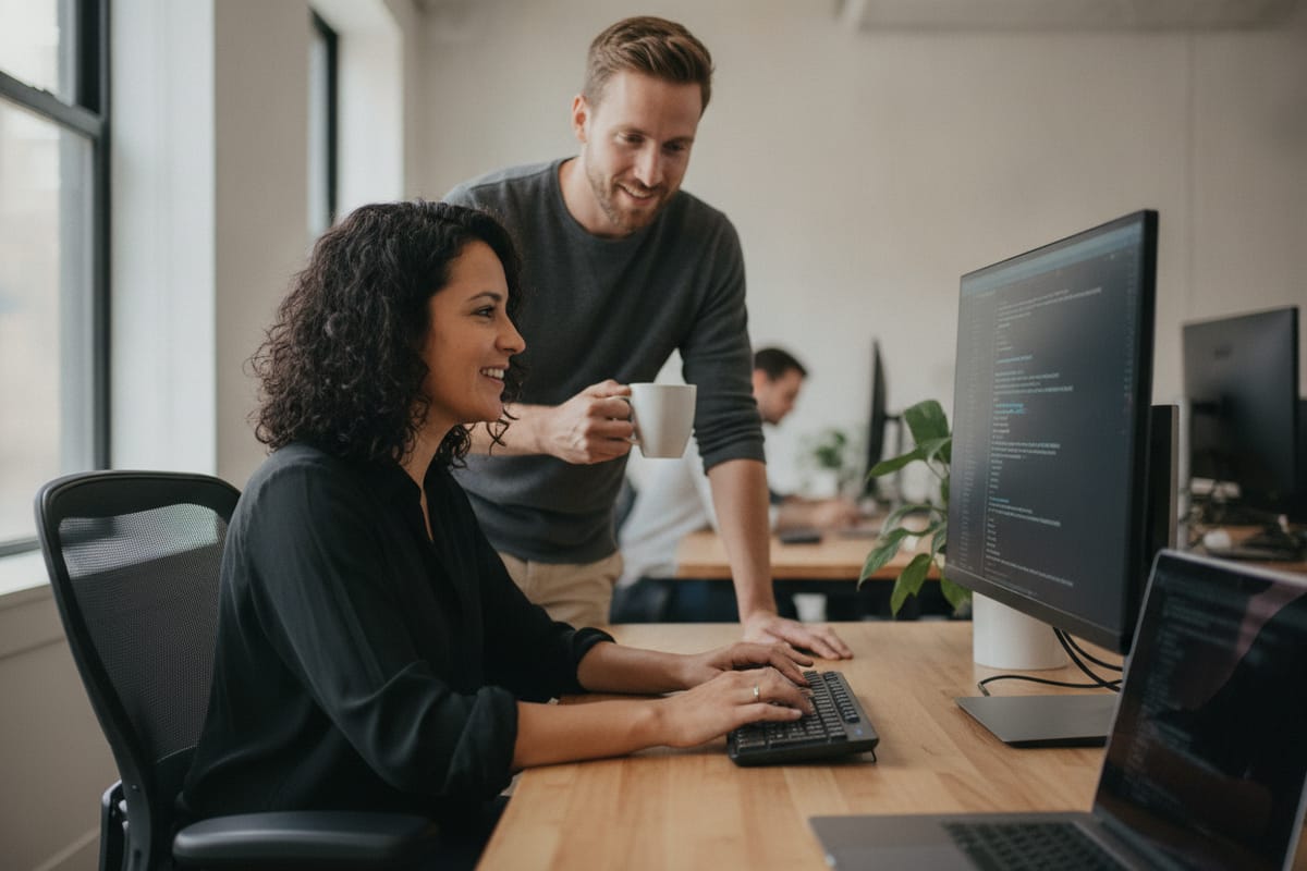 A woman at a desk types on a keyboard in front of a large monitor of code while a colleague holding a coffee mug leans in beside her, both smiling