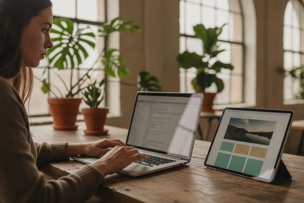 A web developer types in a code editor on a laptop while a tablet beside it shows the page she is building, a photo banner above a grid of teal and sand-colored blocks