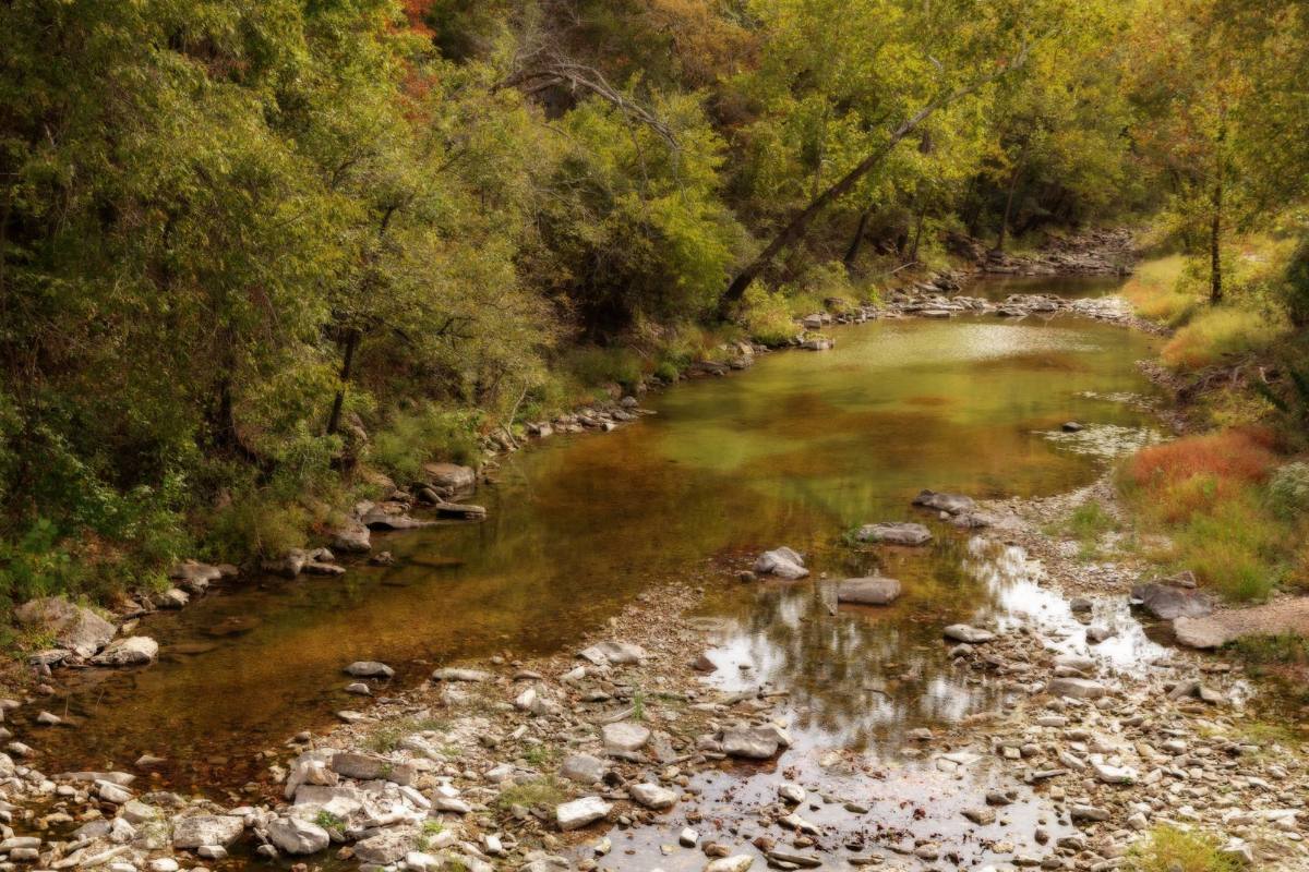 A shallow creek over flat stones, trees on both banks turning gold and orange