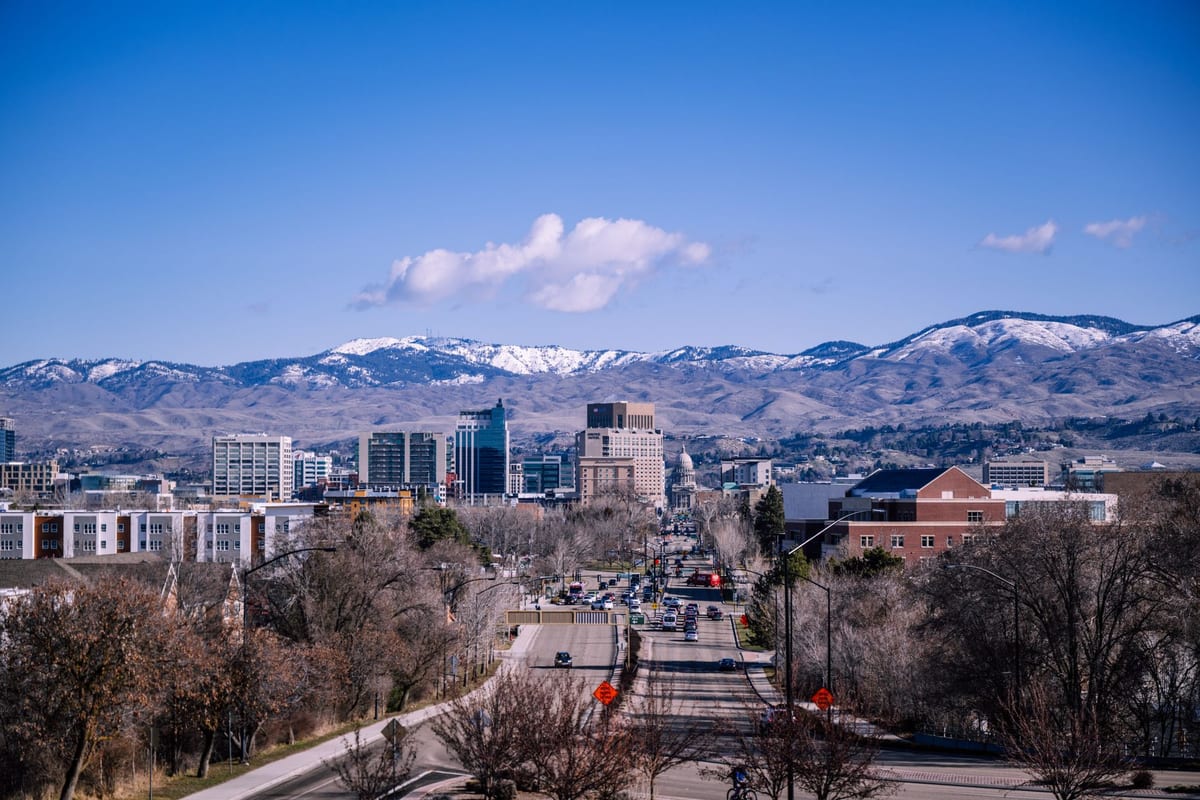 A small city at the foot of snow-capped foothills, a boulevard leading toward them