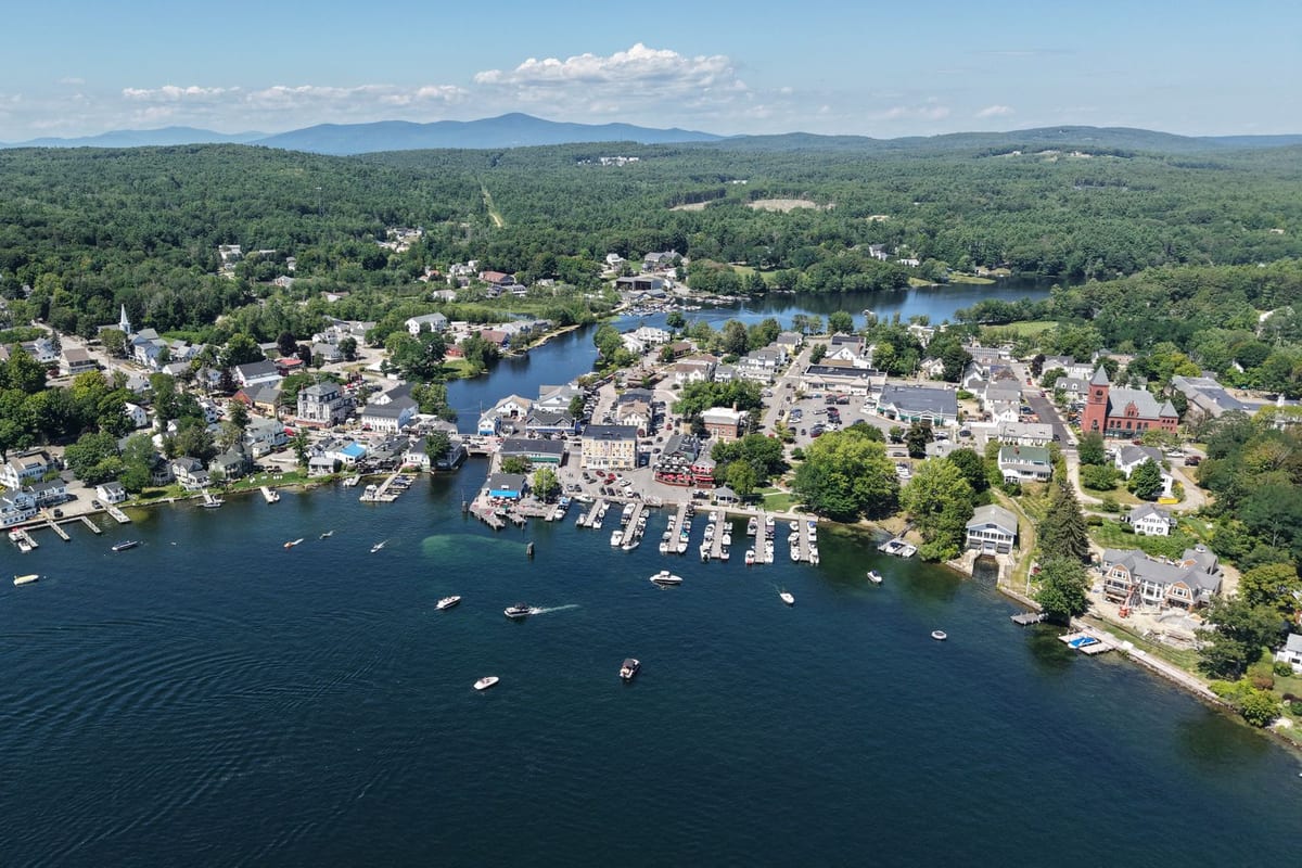 An aerial view of a lakeside town, docks full of small boats and wooded hills beyond
