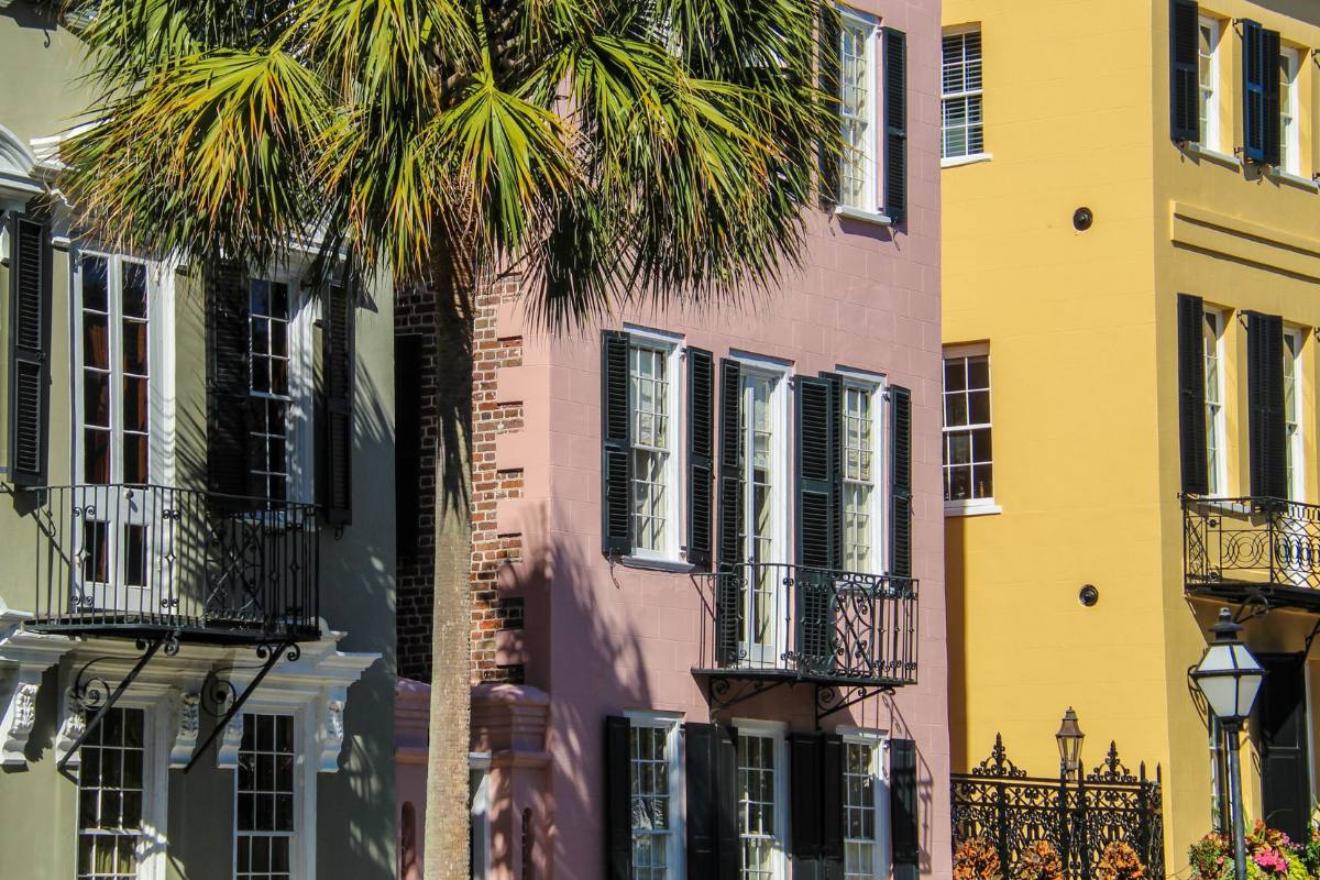 Pastel townhouses with iron balconies and a palmetto tree on the sidewalk