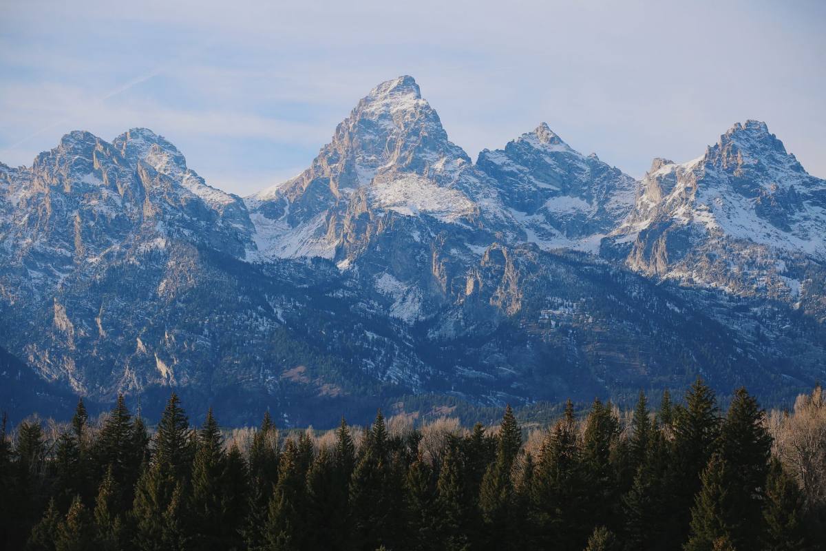Jagged snow-dusted peaks rising above a dark band of forest